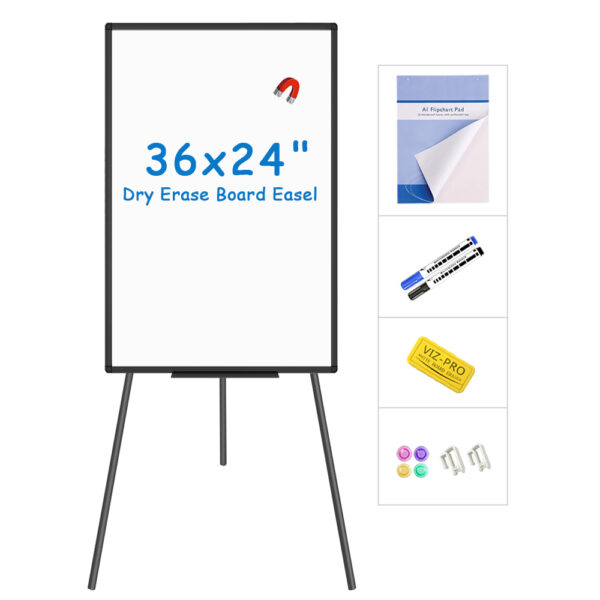VIZ-PRO Magnetic Whiteboard Easel Black/Flipchart Easel Stand, 36 x 24 Inches