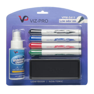 VIZ-PRO Dry Erase Marker Starter Set, Low-Odor Whiteboard Pens, Eraser and White Board Cleaner, Assorted Colors, 6-Piece Kit